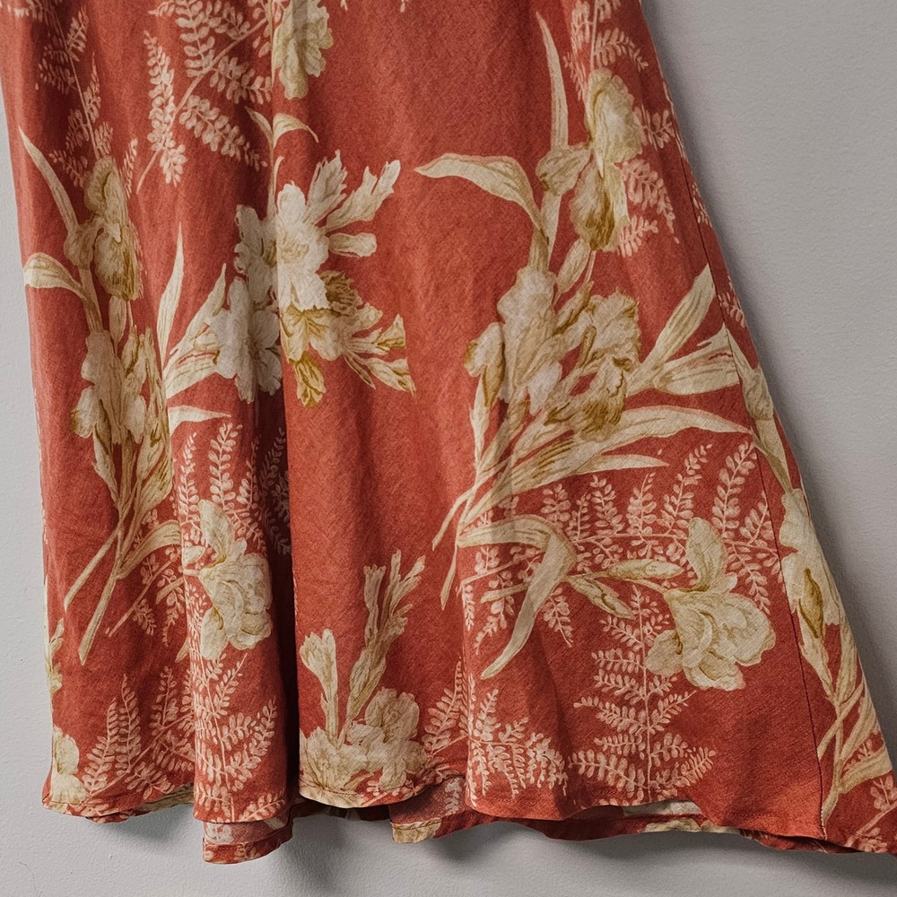 Vtg Liz Claiborne Linen Midi Skirt 16 Burnt Orange Cream Floral Earthy Boho Fall - Picture 5 of 10